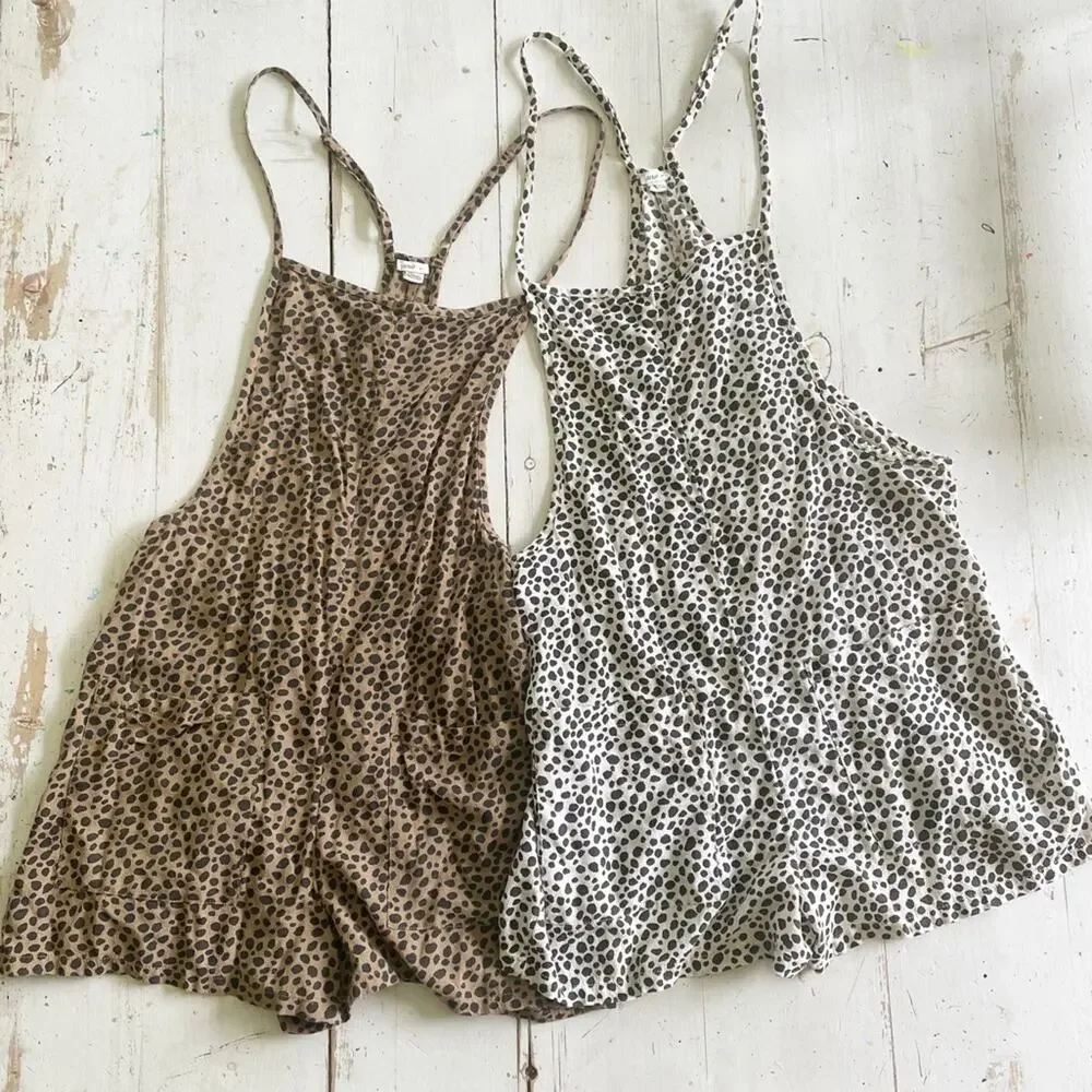 Aerie Bundle Two Pairs Leopard Romper Shortalls Brown and White S - Picture 2 of 9